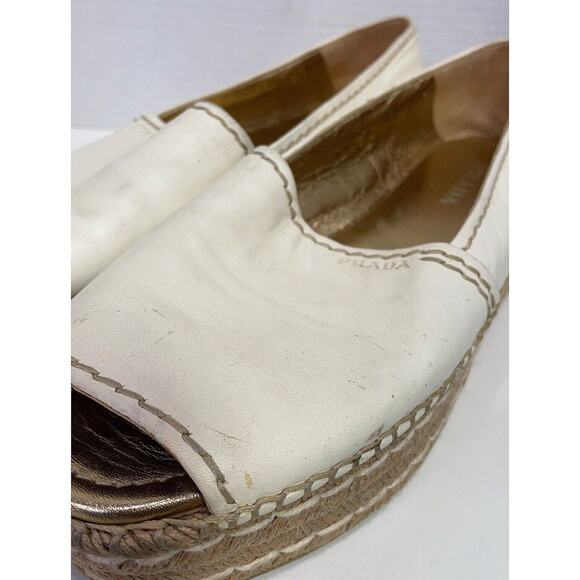 PRADA Cream Leather Platform Peep Toe Espadrilles Woven Flats Sz EU 40/US 9.5-10 - Picture 4 of 12